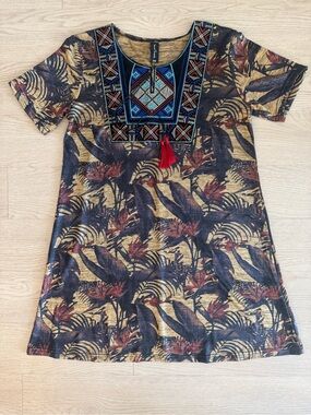 Sacred Threads Embroidered Boho Tropical Tunic Dress S/M